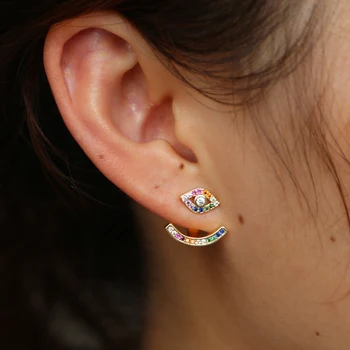 Rainbow front tilbage dobbelt side øreringe med guld farve mode smykker søde dejlige pige kvinder, gave, fest smykker