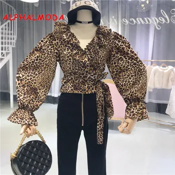 ALPHALMODA Efteråret Leopard Trykt Mode Shirt V Pjusket Krave Lanterne Ærme Pæn Vinger Binde Slanke Kvinder Bluser Skjorter