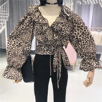 ALPHALMODA Efteråret Leopard Trykt Mode Shirt V Pjusket Krave Lanterne Ærme Pæn Vinger Binde Slanke Kvinder Bluser Skjorter