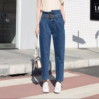Kvinder Med Høj Talje Bælte Vintage Denim Bukser Kvindelige Forår Sommer Harem Ankel Længde Blue Jeans, Casual Løs Boyfriend Bukser