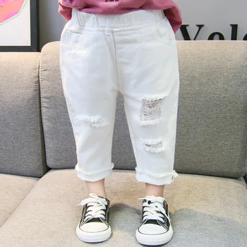 Forår og efterår nye børn baby hul casual jeans-pige er ren hvide jeans hul bukser til baby pige bukser