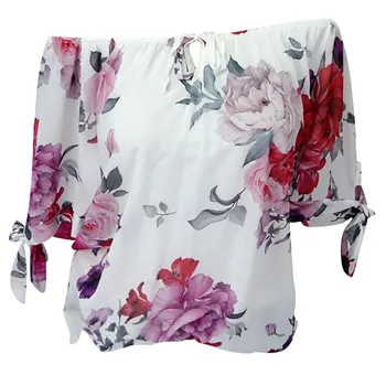 JAYCOSIN Plus Size Kvinder kortærmet Bluse med Print Fra Skulder Bluse Pullover Toppe Stilfulde Løs Dame Skjorte