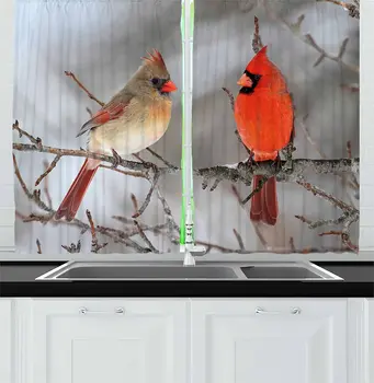 Fugl Køkken Gardiner Par af Northern Cardinal Fugle i et Træ Ornitologi Aviær Dyreliv Fauna Vindue Gardiner til Køkken Cafe