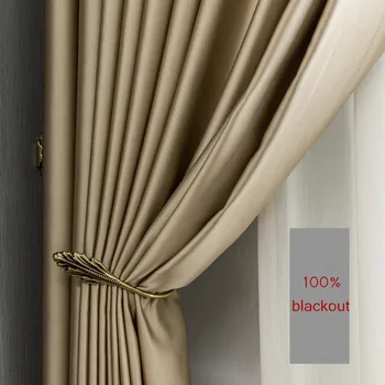 Gold silk Blackout klar gardiner Termisk Isoleret til Stue, soveværelse luksus tykke solide gardin vindue behandling