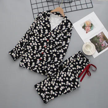 Japansk stil forår og efterår nye damer bomuld strikket langærmet bukser daisy pyjamas, der passer blomst hjem service kawaii
