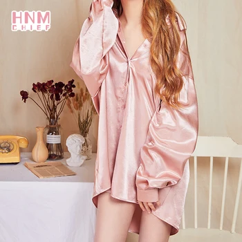 HNMCHIEF Pink Kvinder Silke Satin Nightshirt Sleepshirt Silke Pyjamas Hyggelig Blød Shirt Nattøj langærmet Pyjamas Homewear Kvinder