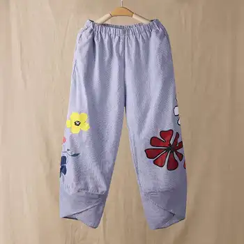 2021 Vintage Bukser Kvinder, Blomster Trykt Uregelmæssige Hem Lange Bukser Foråret Plus Size Kvinde Bomuld Stripe Lommer Pantalones