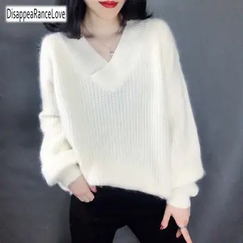 Disappearancelove 2021 Nye koreanske lanterne Lange ærmer sweater kvinder er løs Sweater fortykket Skulder, Dyb V Neck strik Sweater