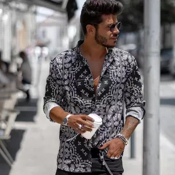 Mænd Shirt Løs Casual Dagligt Stå Krave Print langærmet Top Bluse Plus Size hawaii-skjorte 3XL camisa masculina streetwear