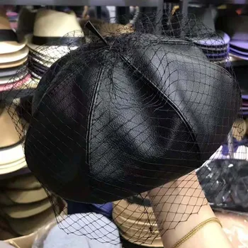 Fascinerende Sorte Hat Smarte Læder Fransk Beret Med Slør Mesh Vis Dobbelt Lag Kvinder Beret Huer Kasket