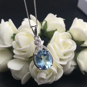 KJJEAXCMY boutique smykker 925 rent sølv, på en Naturlig Blå Topas Vedhæng Kæde sende nye kvinder