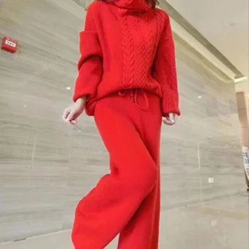 Kvinders passer til 2019 nye stil vinter sweater sæt hamp mønster turtleneck sweater mode bred ben bukser, to-piece suit
