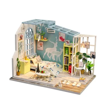 Moderne Studio-Loft DIY Træ Dukkehus Miniature Møbler, Lys Anlæg Samle Pink Casa Legetøj for Børn, Voksne Gaver