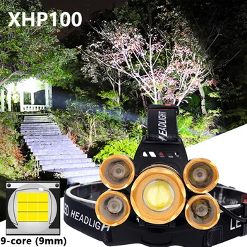 XHP100 9core Led forlygte 5 led T6 Sensor Zoomable Hoved lampe Lommelygte natarbejde lygten, Lygten jagt, camping, fiskeri