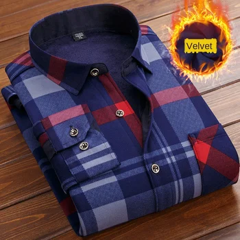 Efterår og Vinter Herre thermal shirt langærmet Ternet Varm Tyk Fleece Foret Skjorte Blødt Mode Afslappet Flannel Skjorte Plus Størrelse 6XL