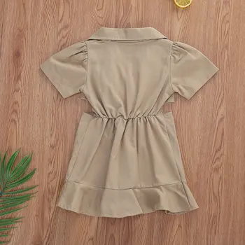 2020 Mode Sommer Børn Piger Dress Solid Knappen Lomme Turn Down Krave Mini Kjole