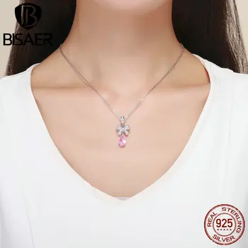 BISAER 925 Sterling Sølv med Pink ZIRKONIA Krystal Dråber Vedhæng til Kvinder, Oprindelige Armbånd Halskæde Mode Bijoux GXC1074