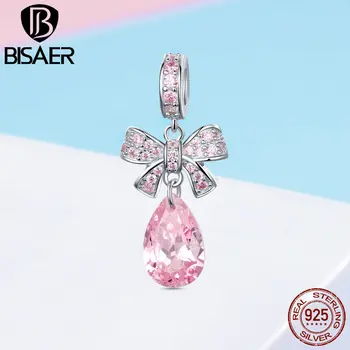 BISAER 925 Sterling Sølv med Pink ZIRKONIA Krystal Dråber Vedhæng til Kvinder, Oprindelige Armbånd Halskæde Mode Bijoux GXC1074
