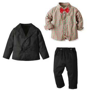 Baby Boy ' s Passer Børns FormalSuit Plaid, butterfly, Skjorte +Frakke + Bukser Sæt 3stk Børns Bryllup Part Herre Kjole