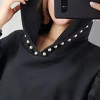 Harajuku Overdimensionerede Kvinder Hooded Sweatshirts Perlebesat Solid Black Foråret Efteråret Streetwear Hætteklædte Toppe Koreanske Kausale Dame Hoodies