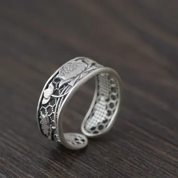 FNJ 925 Sølv Lotus Ring Hule Oprindelige S925 Sterling Thai Sølv Ringe for Kvinder Black Smykker