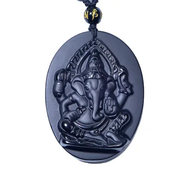 Drop Shipping Obsidian Elefant Ganesha Amulet vedhæng med Kæde obsidian Velsignelse Heldig vedhæng