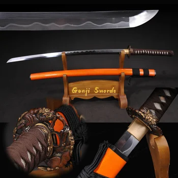 Fuld Håndlavet Japansk Katana Damaskus Foldet Stål, Ler-Hærdet Reelt Samurai Sværd Skarp Kant Orange OX horn Saya