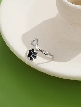 INALIS 925 Sterling Sølv Paw Dog Fodaftryk Hjerte Ringe Sort 5A Klare Cubic Zirconia Justerbar Ring For Kvinder Fine Smykker