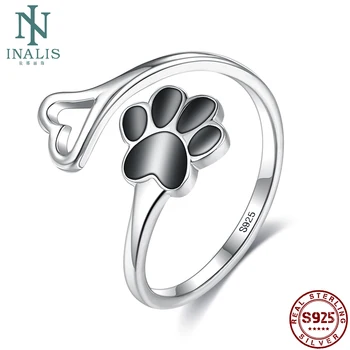 INALIS 925 Sterling Sølv Paw Dog Fodaftryk Hjerte Ringe Sort 5A Klare Cubic Zirconia Justerbar Ring For Kvinder Fine Smykker