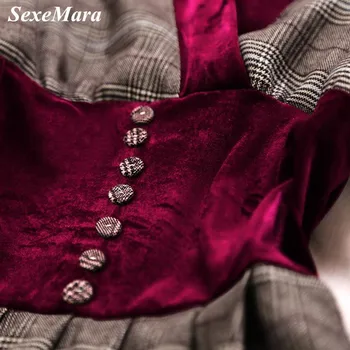 2018 Nye SexeMara V Hals Lanterne Ærme Plaid Mønster Vintage Gotisk Kjole Tunika Vestidos Plisseret Kjole