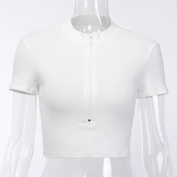 Mode Slim Fit Zipper T-shirt Kvinder Kvindelige Bustier Korset Toppe Høj Hals Kvinder Croped Toppe Solid Tee Shirt Hvid