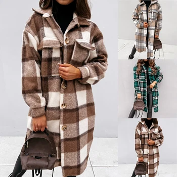 2020 Vinter Kontrolleret Kvinder Jakke Ned Frakke Varm Plaid Lang Frakke Oversize Tykke Uldne Blanding Af Retro Kvindelige Streetwear
