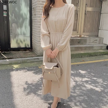 Retro Vintage Lang Kjole Med Lange Ærmer O Hals Solid Søde Korea Japan Style Design Kvinders Kjoler