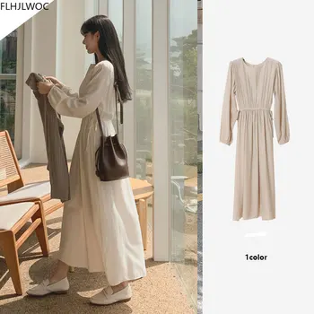 Retro Vintage Lang Kjole Med Lange Ærmer O Hals Solid Søde Korea Japan Style Design Kvinders Kjoler