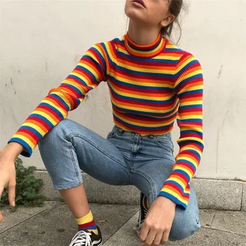 Rullekrave mode regnbue trøjer strikket trøjer kvinder 2018 nye vinter sweater løs pullover jumpere kvindelige