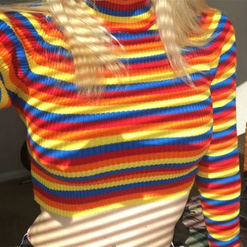 Rullekrave mode regnbue trøjer strikket trøjer kvinder 2018 nye vinter sweater løs pullover jumpere kvindelige