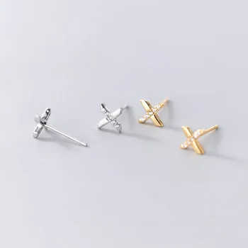 WANTME Minimalistisk Charmerende Crystal Zircon Guld Kors Stud Øreringe til Kvinder i Ægte 925 Sterling Sølv Teenager Kontor Smykker