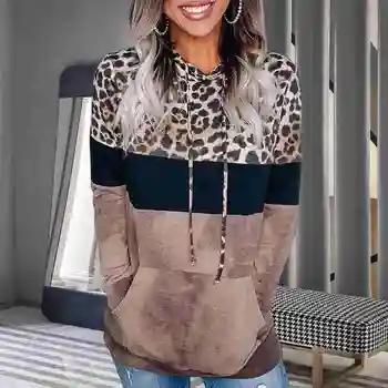 Kvinder Leopard Hættetrøjer Kvinde Udskriver Lange Ærmer Farve Blok Lomme Sweatshirt Pullover Casual Top Bluse