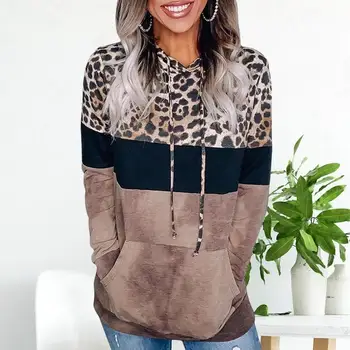 Kvinder Leopard Hættetrøjer Kvinde Udskriver Lange Ærmer Farve Blok Lomme Sweatshirt Pullover Casual Top Bluse