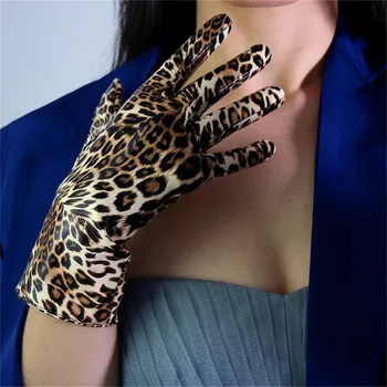 Leopard Læder Handsker 28cm Patent Læder Korte Afsnit-Emulering Læder PU-Lyse Brun Leopard Dyr Mønster Kvindelige WPU26