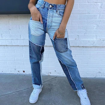 Streetwear Fyldningsdøre Patchwork Frynser Kant Jeans Til Kvinder 2020 Harajuku Højtaljede jeans Straight Lang Denim y2k Bukser, capris