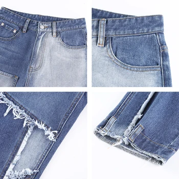 Streetwear Fyldningsdøre Patchwork Frynser Kant Jeans Til Kvinder 2020 Harajuku Højtaljede jeans Straight Lang Denim y2k Bukser, capris