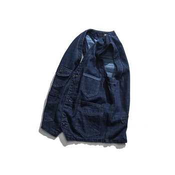 Denim Veste, Mænd Japansk Vintage Blå Herre Multi Pocket Vest Oprindelige Design, Mode V-Hals uden Ærmer Jeans, Jakker DS50647