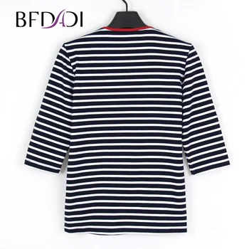 BFDADI Casual Ribbet T-Shirt Nye Mode Tøj til Kvinder Toppe O-neck T-Shirt 3/4 Ærmer Dame Pige t-Shirts Z-1901