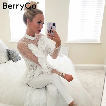 BerryGo Lace broderi hvide kvinder bluse Elegante mesh hule ud pjusket lange ærmer overdele Sexede damer fest toppe shirt
