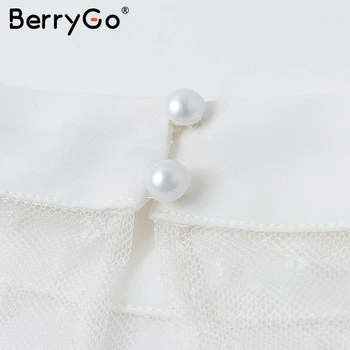 BerryGo Lace broderi hvide kvinder bluse Elegante mesh hule ud pjusket lange ærmer overdele Sexede damer fest toppe shirt