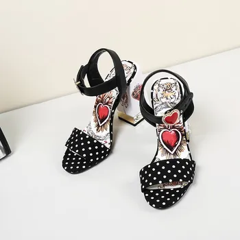 Nye kvinder sandaler i ægte læder Polka Dot hjerte Perle søde damer sko Kvindelige Sommer-Høj Hæl Kvinder Sandaler Sandalias Mujer