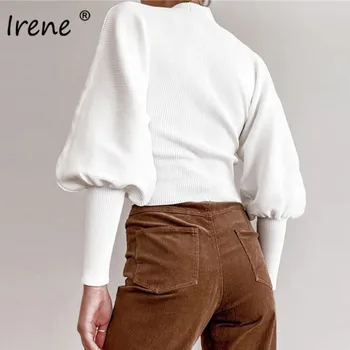 Irene Rullekrave Rib Strikkede Sweater Kvinder 2020 Mode Afslappet Sort Hvid Solid Lanterne Ærme Kort Efterår, Vinter Trøjer