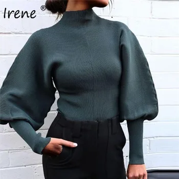 Irene Rullekrave Rib Strikkede Sweater Kvinder 2020 Mode Afslappet Sort Hvid Solid Lanterne Ærme Kort Efterår, Vinter Trøjer