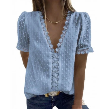 Lugentolo Sommer T-Shirt til Kvinder Blonder Syning V-hals, Korte Ærmer Casual Mode 2020 Ny Solid Polyester Tees Kvinder